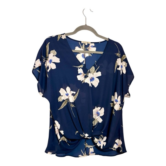 BEACON Navy Floral Twist Front Blouse Preppy Office Top Size Medium - Picture 5 of 10